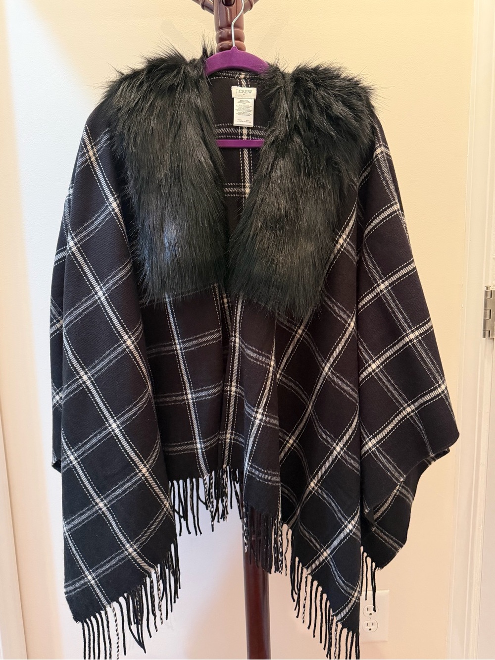 J. Crew Black Plaid Fringe Poncho with Faux Fur Collar
